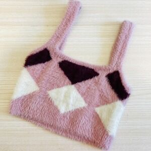 Cotton On Pink Argyle Fuzzy Knit Crop Tank Top Womens Medium Y2K Soft Girl